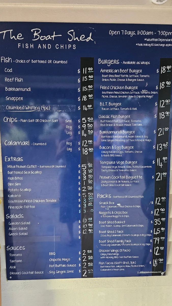 Menu, The Boat Shed & The Boat Shed Takeaway