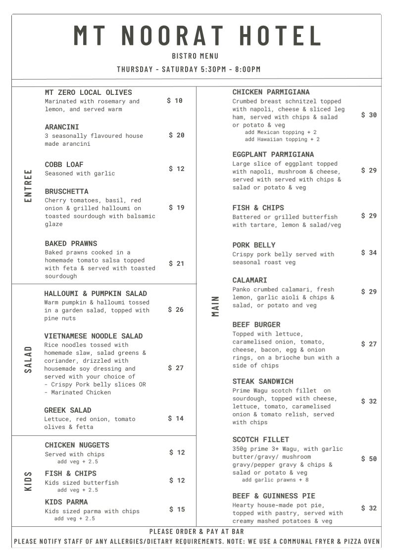 Menu, Mt Noorat Hotel
