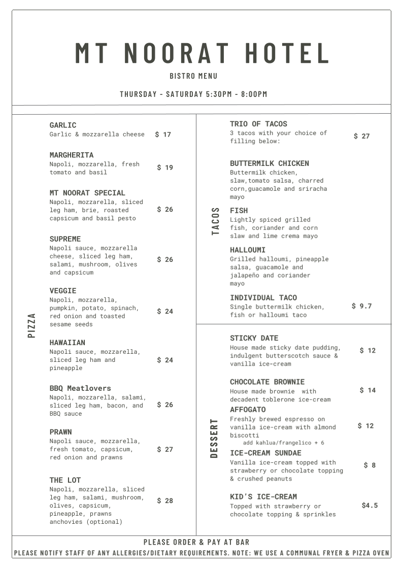 Menu, Mt Noorat Hotel