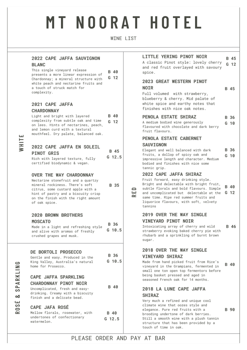 Menu, Mt Noorat Hotel