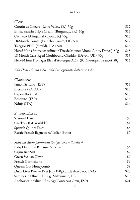 Menu, BAR SEPTIMUS