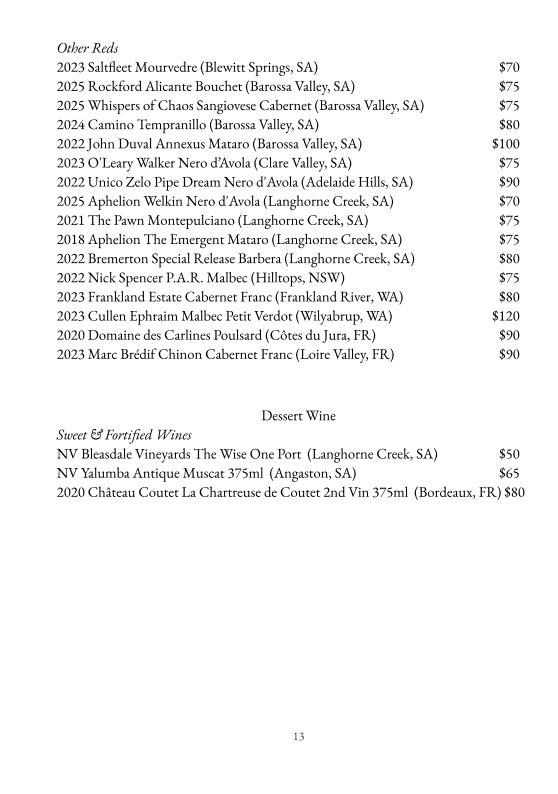 Menu, BAR SEPTIMUS