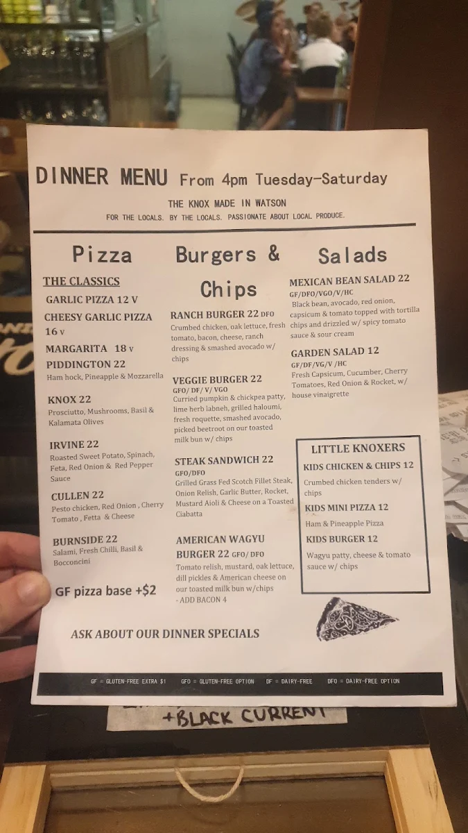 Menu, The Knox Made in Watson