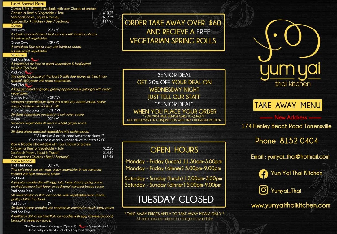 Menu, Yum Yai Thai Kitchen