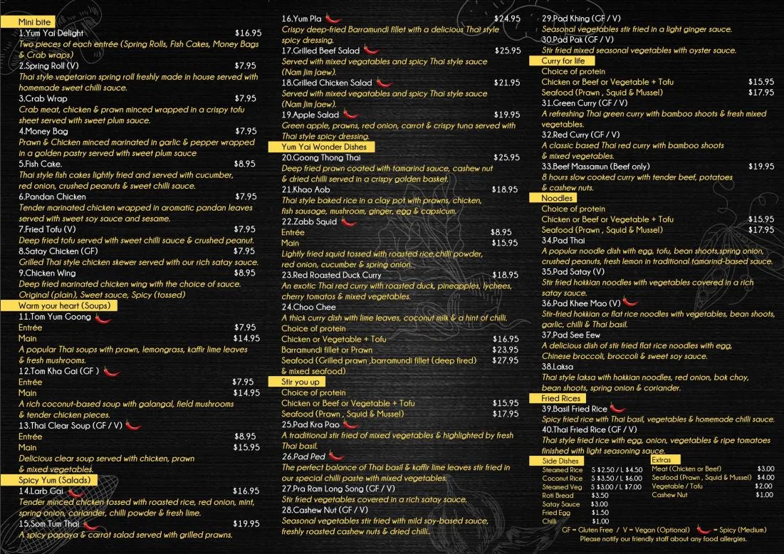 Menu, Yum Yai Thai Kitchen