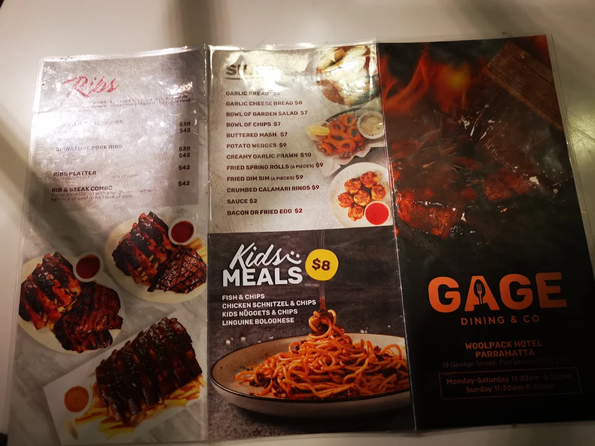 Menu, GAGE Dining & Co. (Parramatta Woolpack Hotel Bistro)