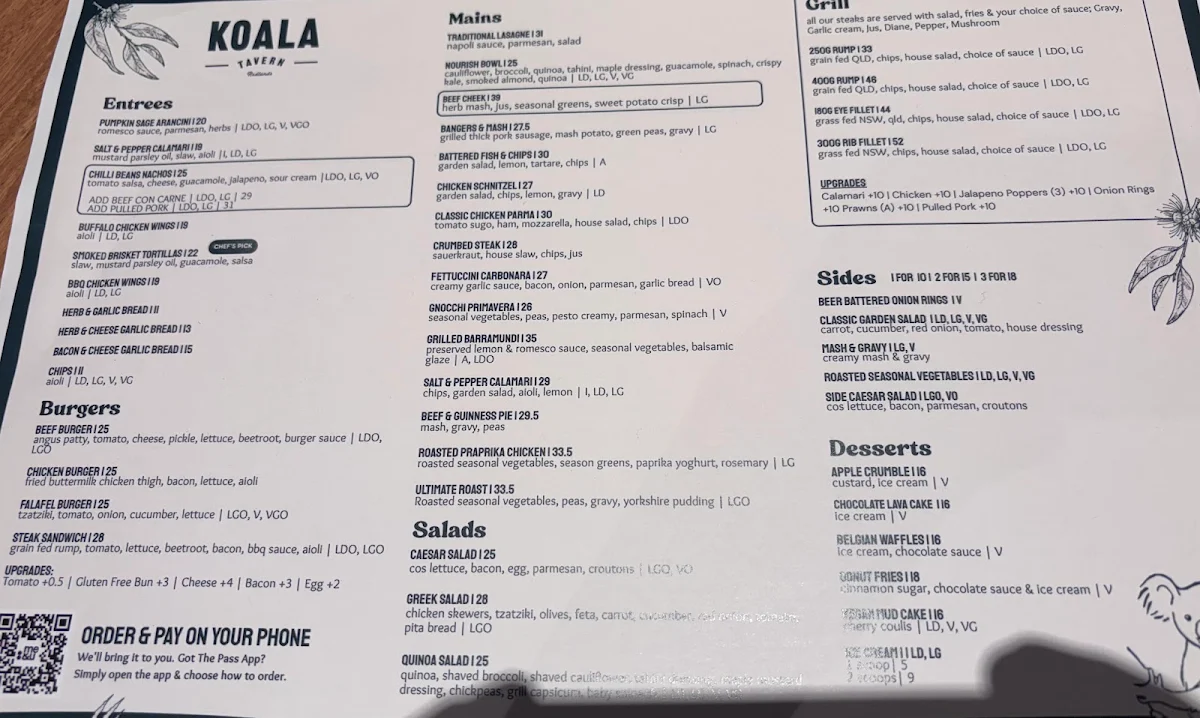 Menu, Koala Tavern