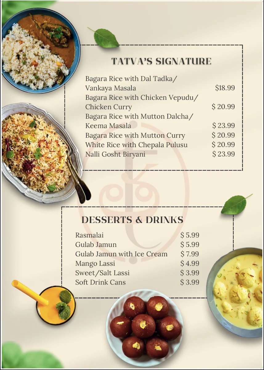 Menu, Tatva Indian Kitchen