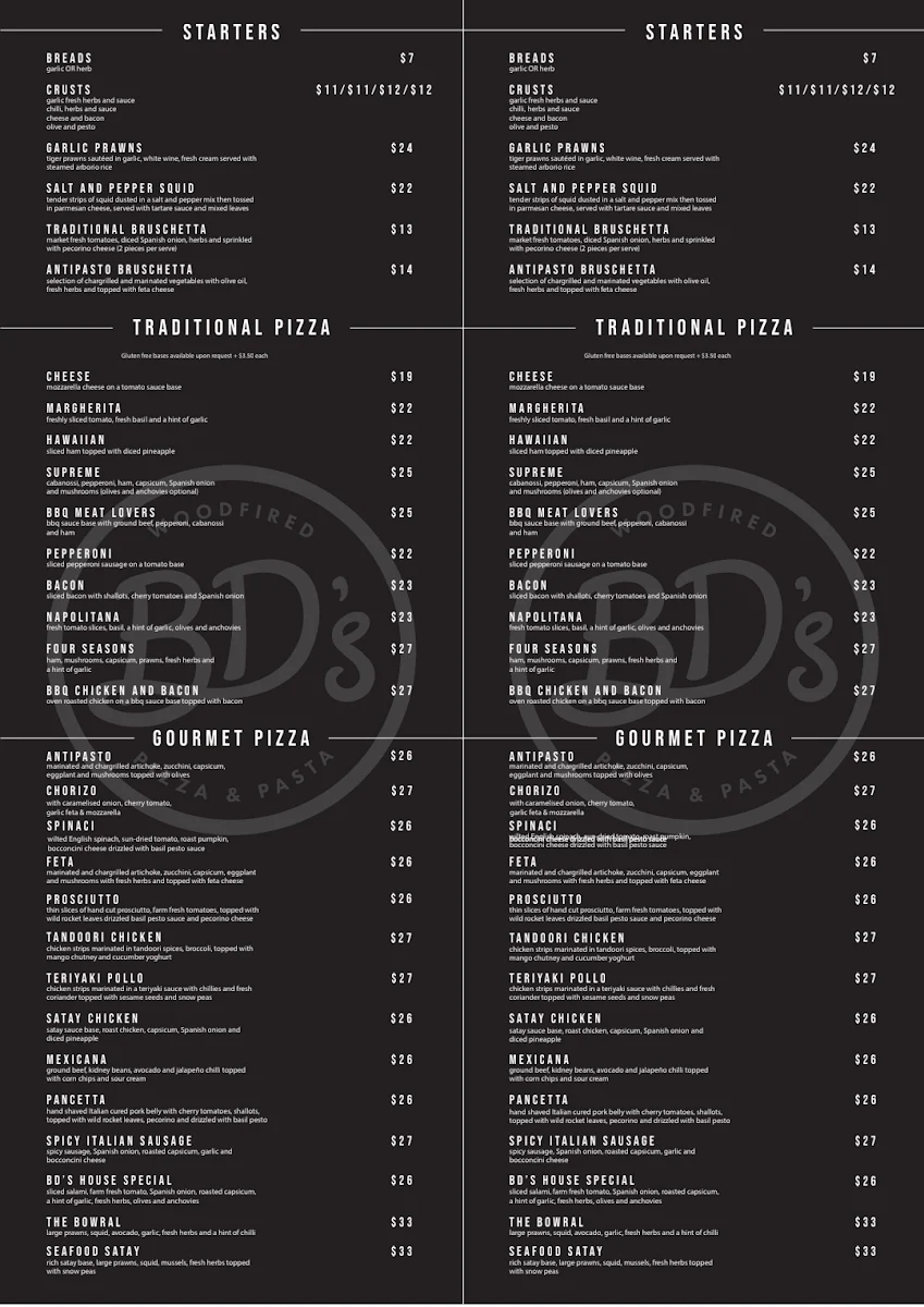 Menu, BD's Woodfired Pizza and Pasta