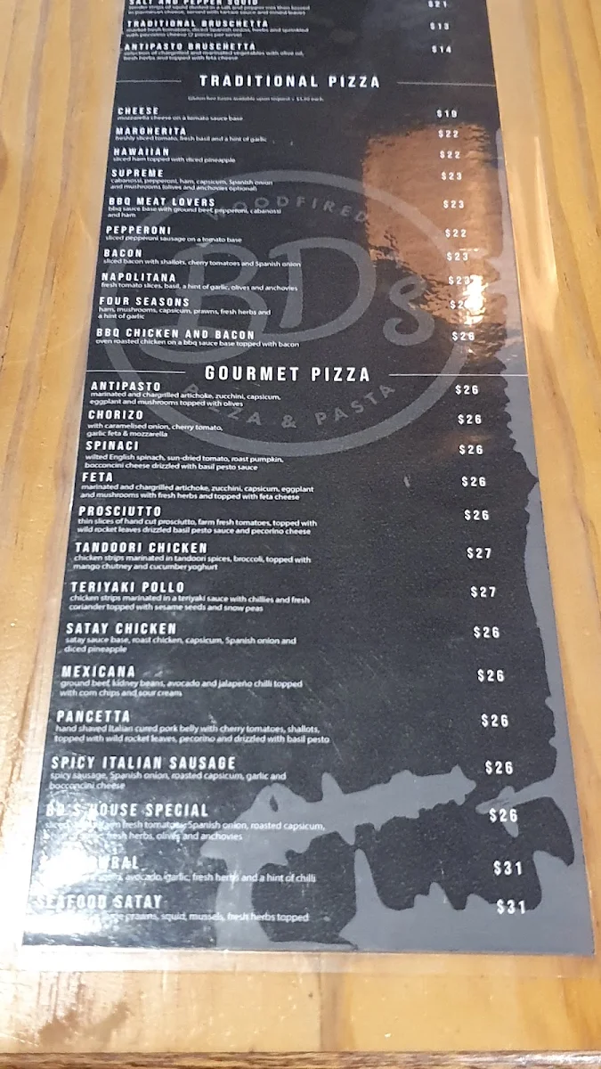 Menu, BD's Woodfired Pizza and Pasta