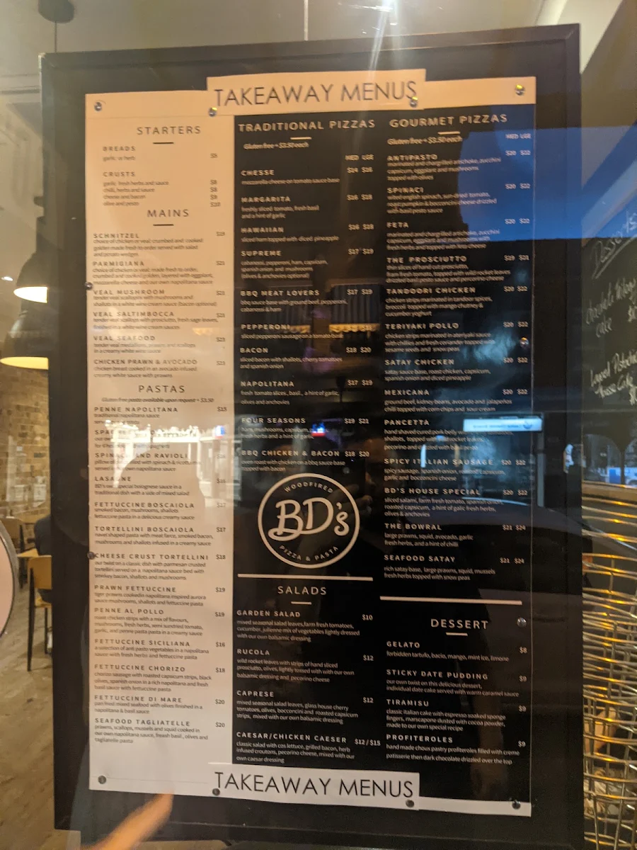 Menu, BD's Woodfired Pizza and Pasta