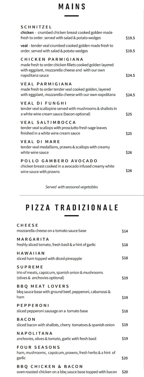 Menu, BD's Woodfired Pizza and Pasta