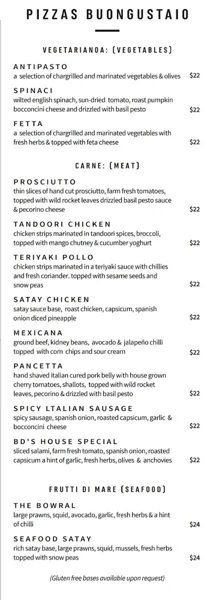 Menu, BD's Woodfired Pizza and Pasta
