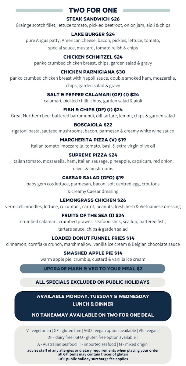Menu, Lake Illawarra Hotel