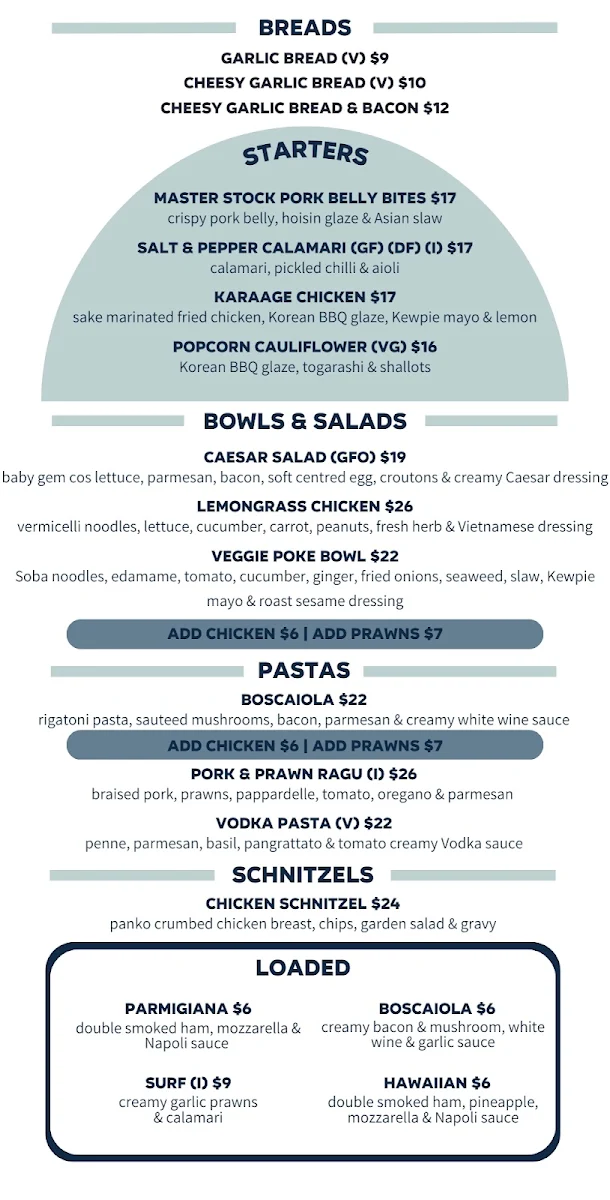Menu, Lake Illawarra Hotel