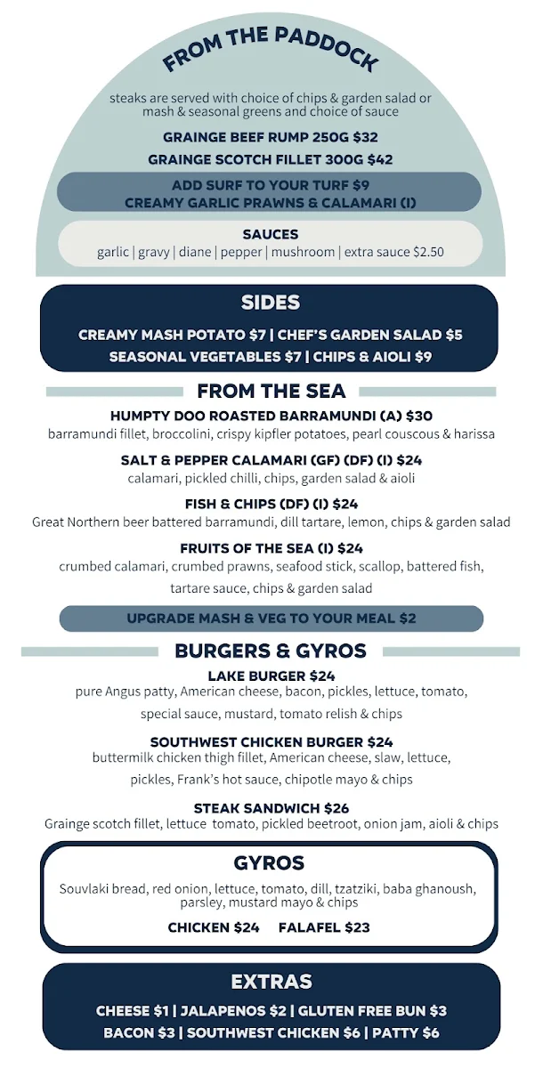Menu, Lake Illawarra Hotel