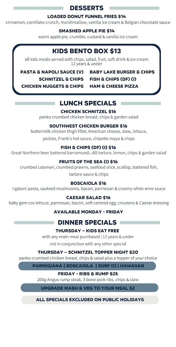 Menu, Lake Illawarra Hotel