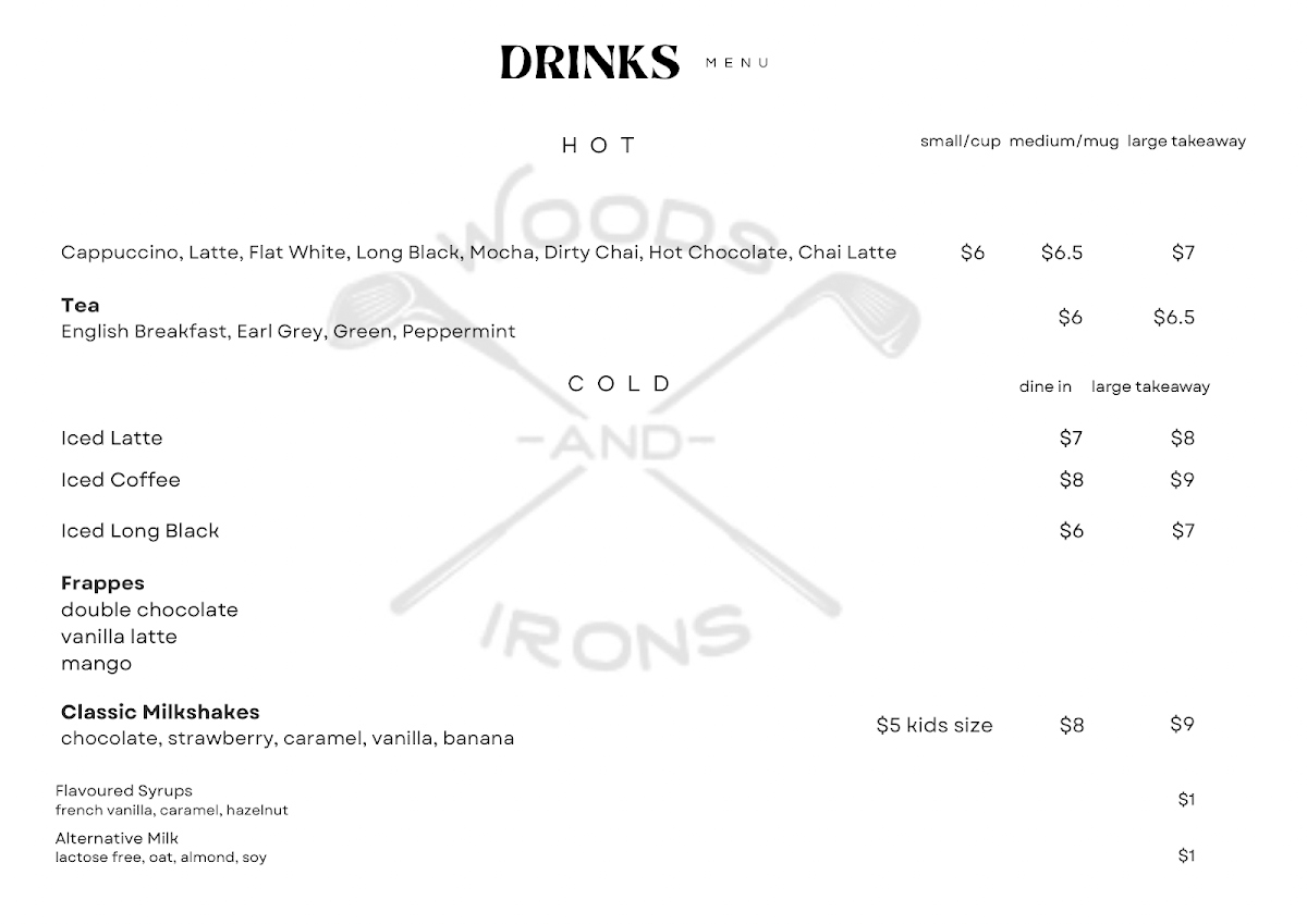 Menu, Woods And Irons Cafe and Restaurant