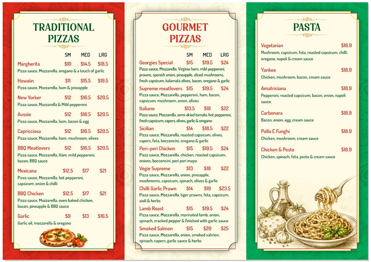 Menu, Georgie's Pizzeria