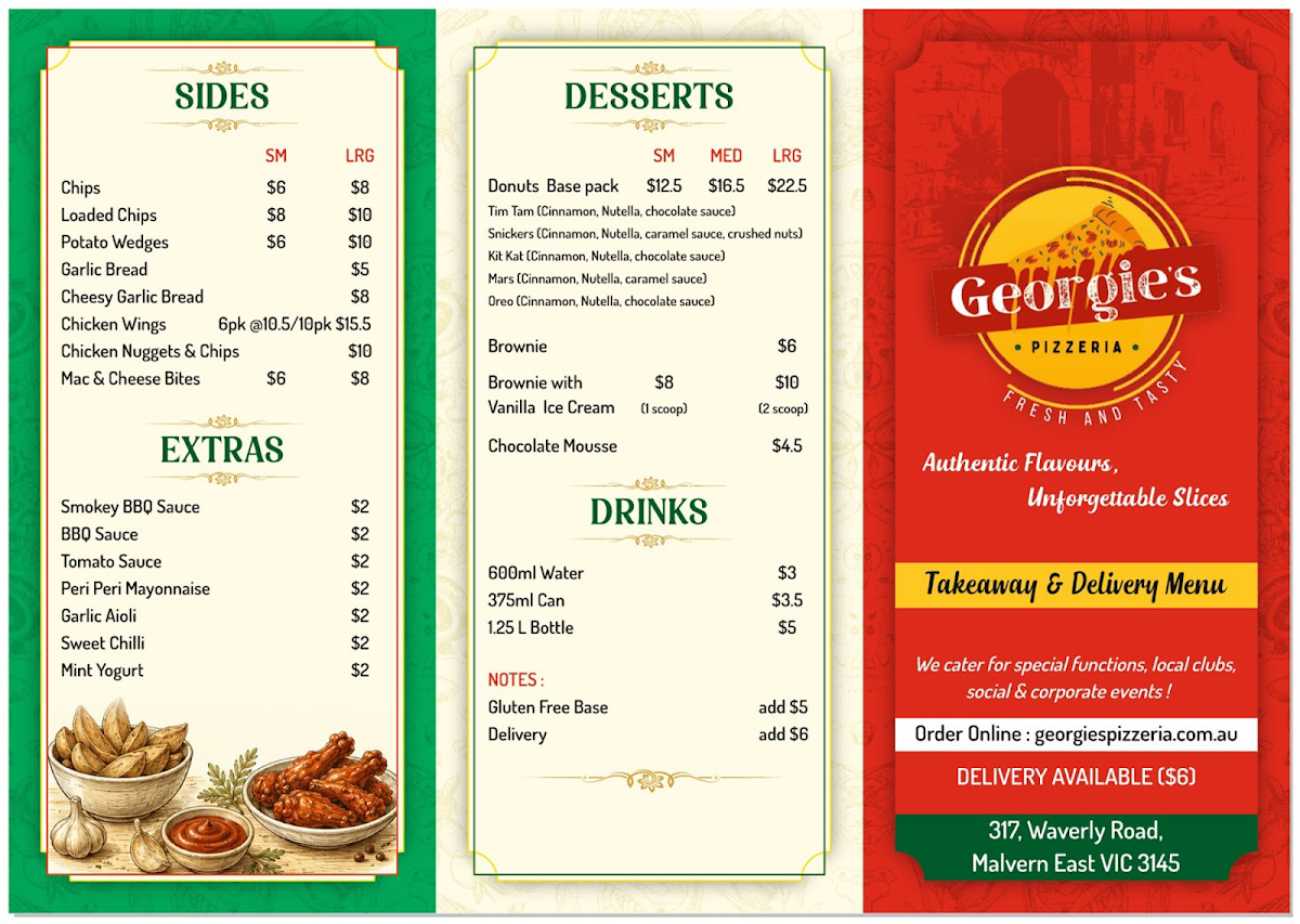 Menu, Georgie's Pizzeria