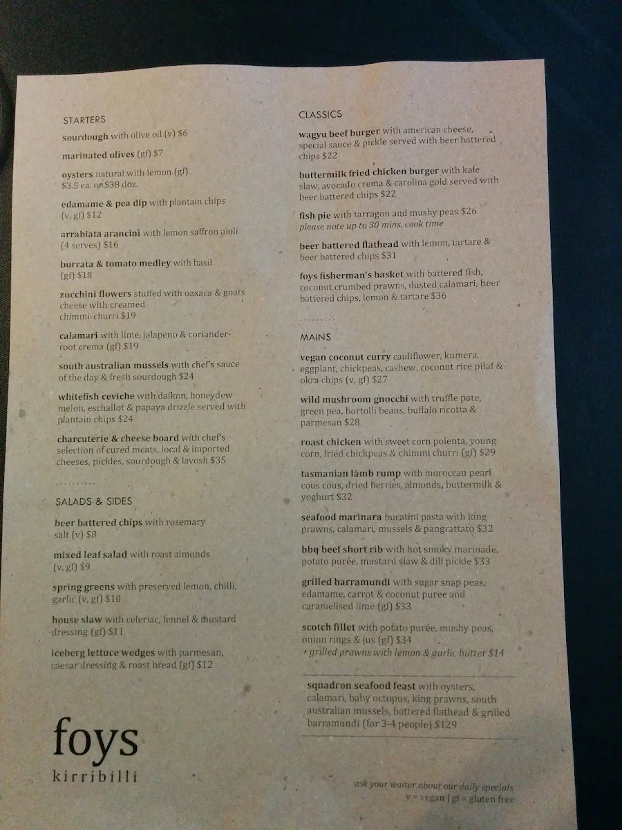 Menu, Foys Kirribilli