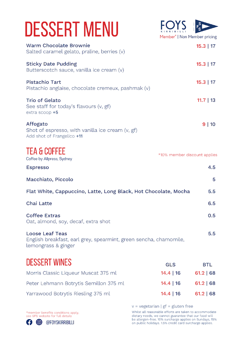 Menu, Foys Kirribilli