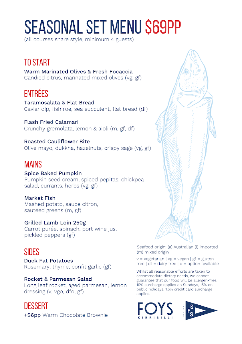 Menu, Foys Kirribilli