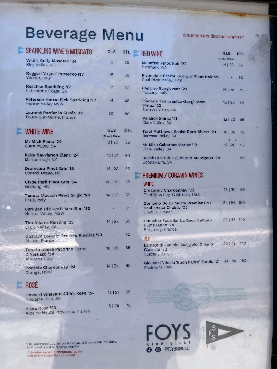 Menu, Foys Kirribilli
