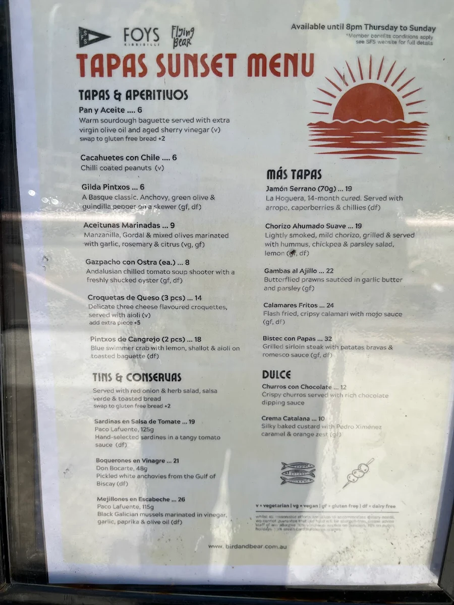 Menu, Foys Kirribilli
