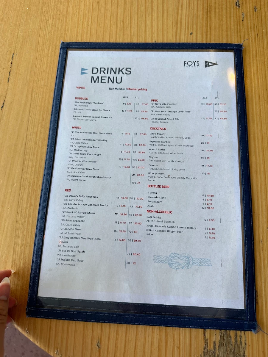 Menu, Foys Kirribilli