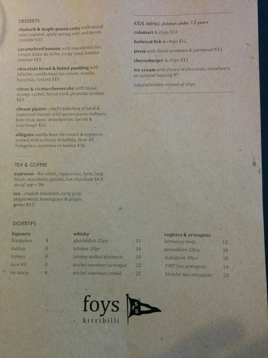 Menu, Foys Kirribilli
