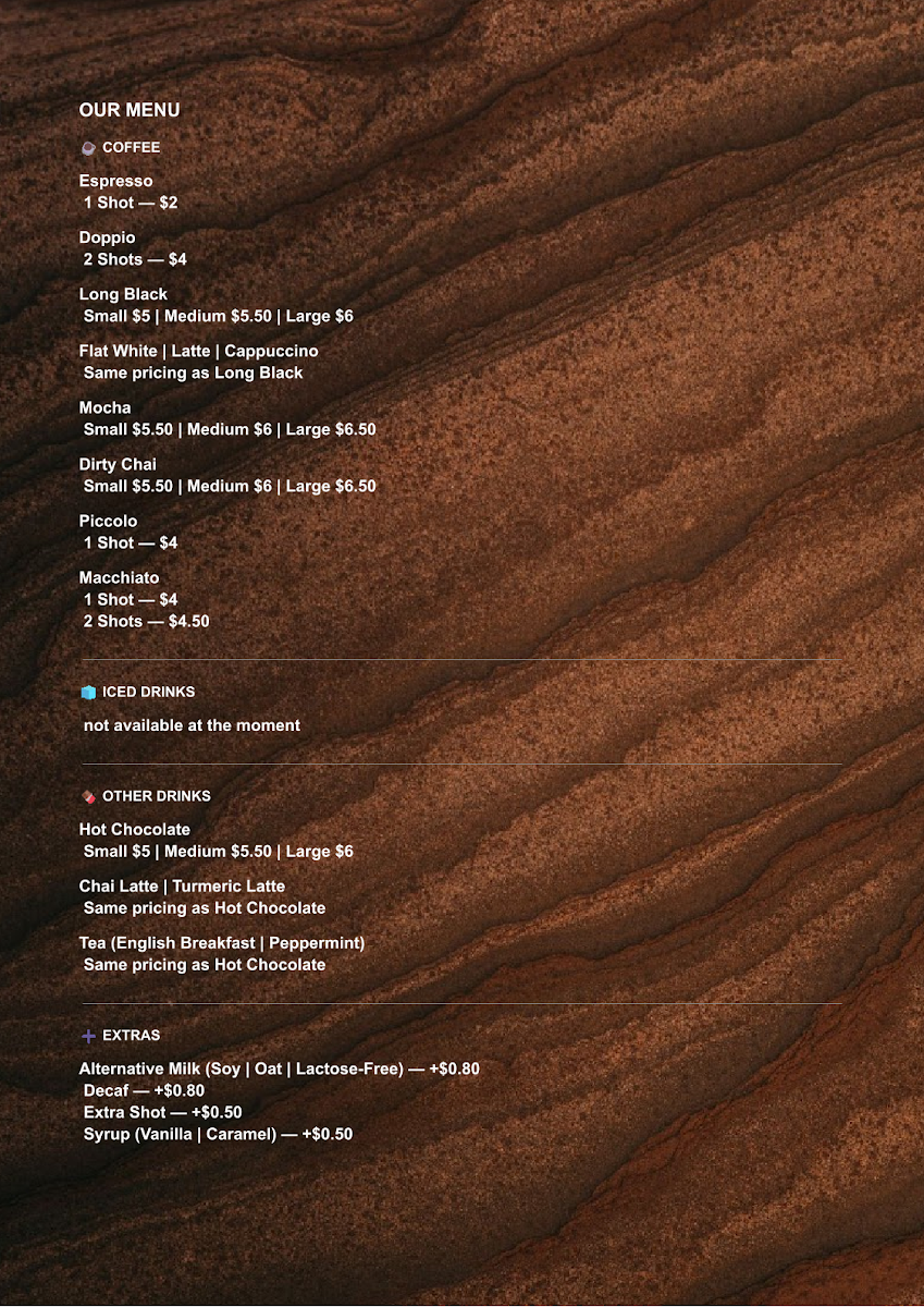 Menu, Magpie Brew
