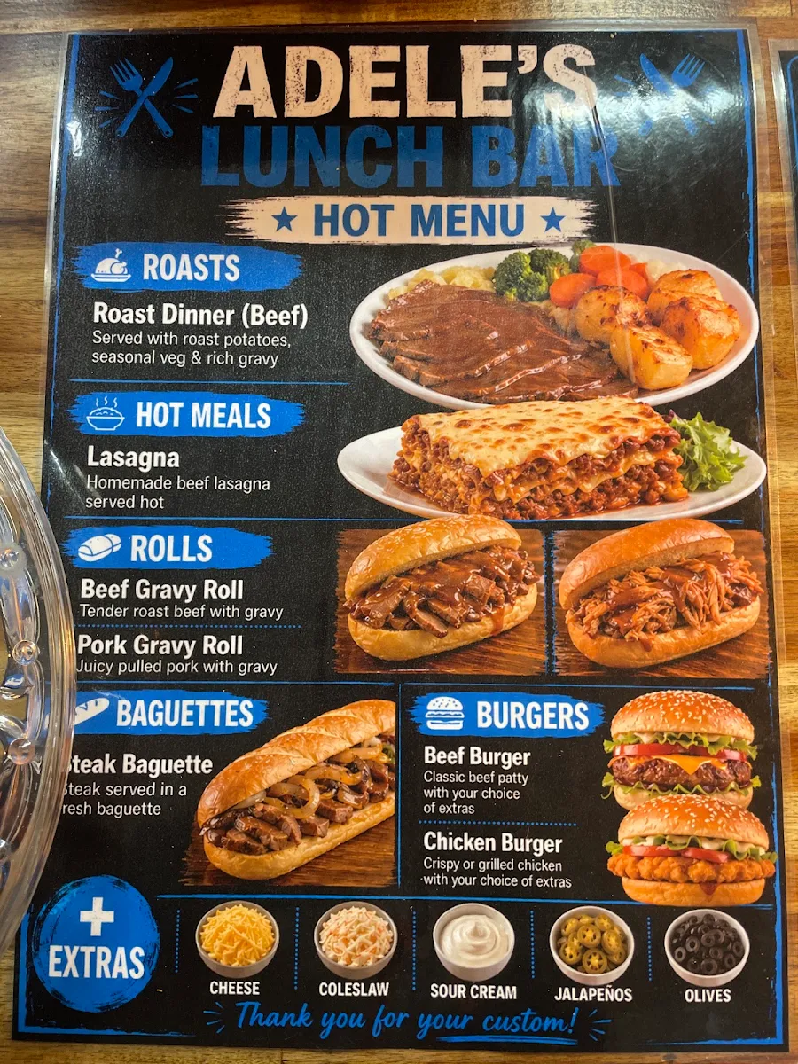Menu, Adeles Lunch Bar