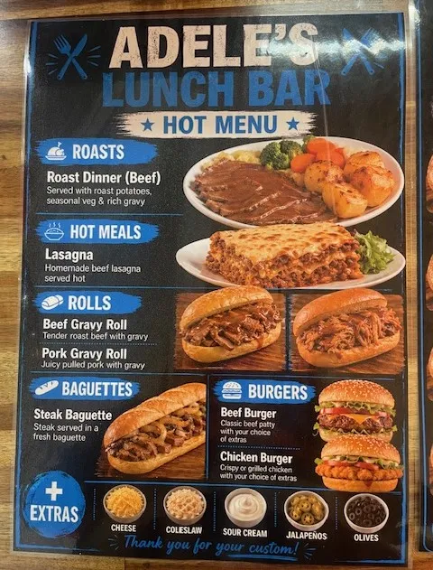 Menu, Adeles Lunch Bar