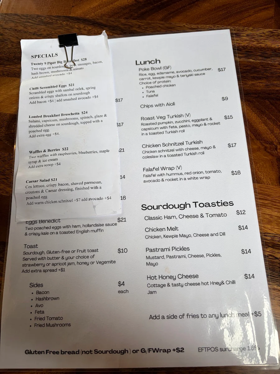 Menu, Twenty 9 Piper