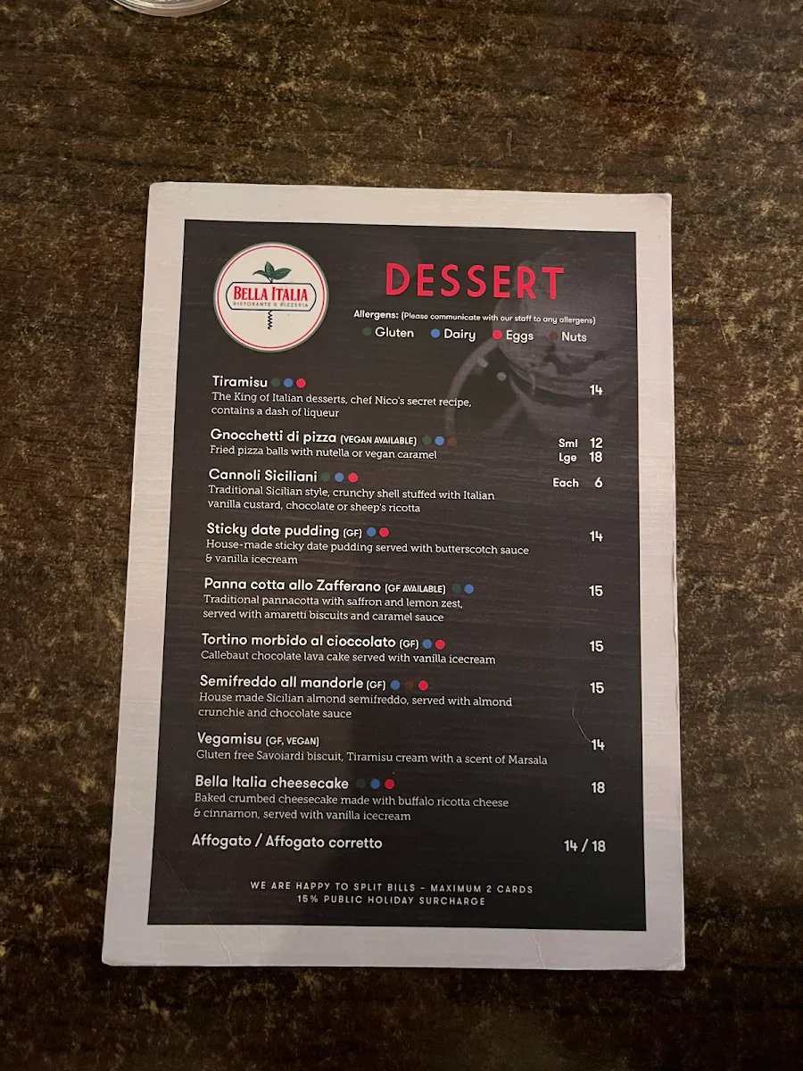 Menu, Bella Italia