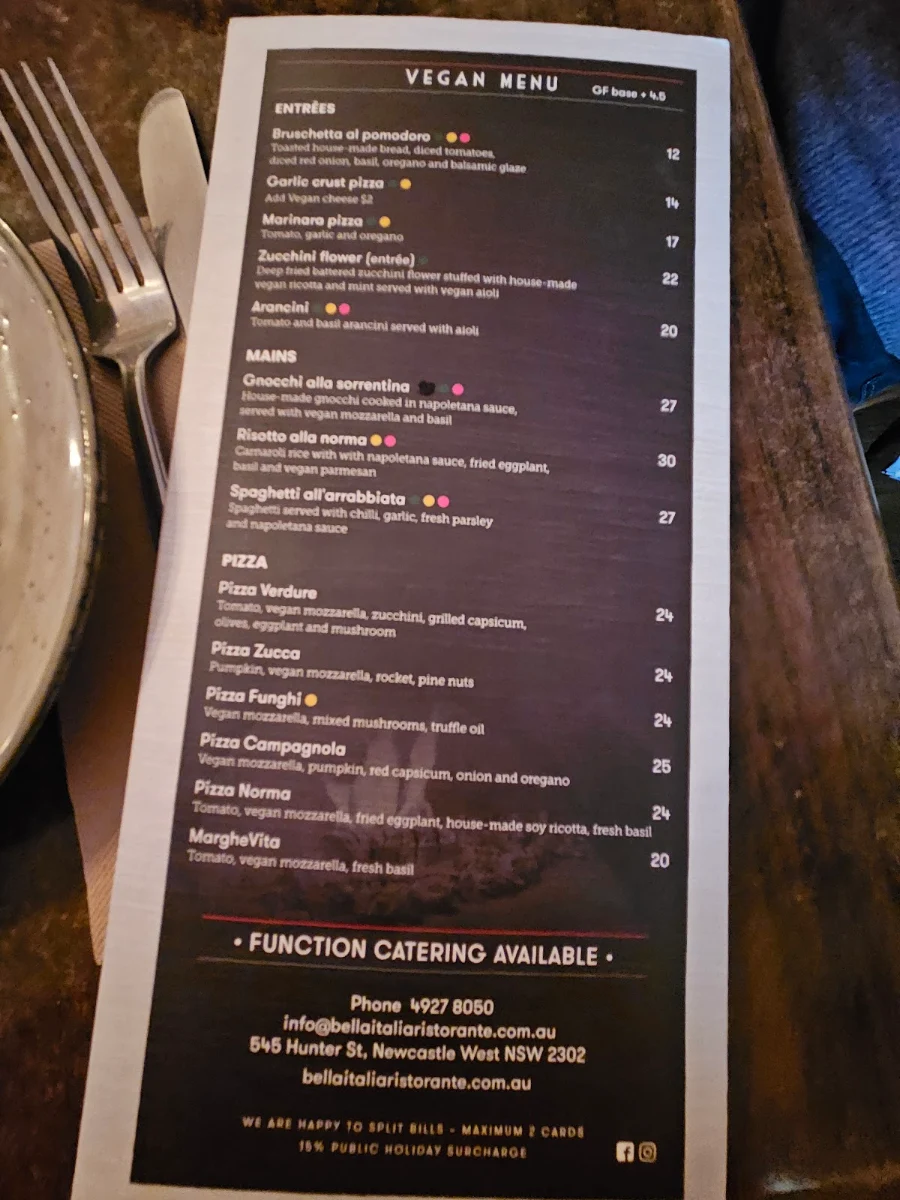Menu, Bella Italia