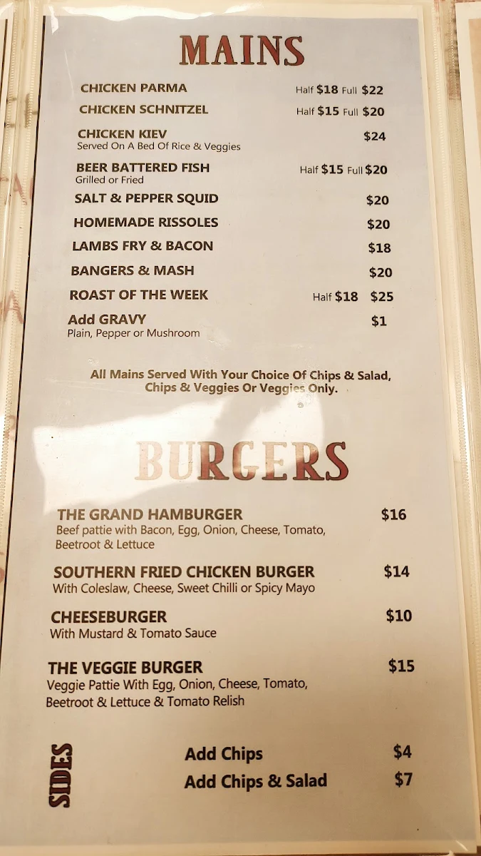 Menu, The Grand Central Hotel Cobram
