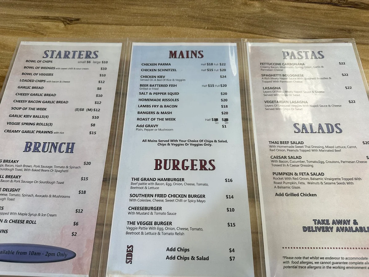 Menu, The Grand Central Hotel Cobram