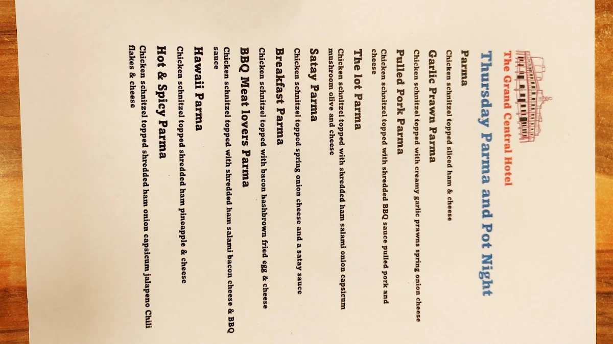 Menu, The Grand Central Hotel Cobram