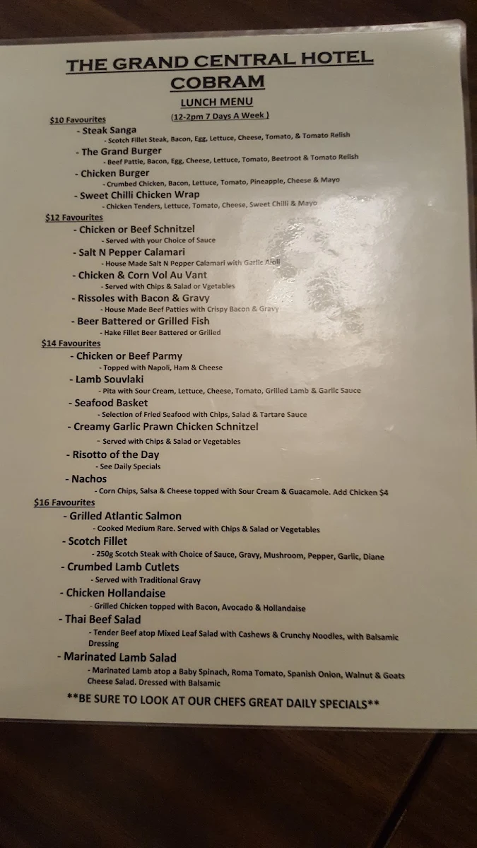 Menu, The Grand Central Hotel Cobram