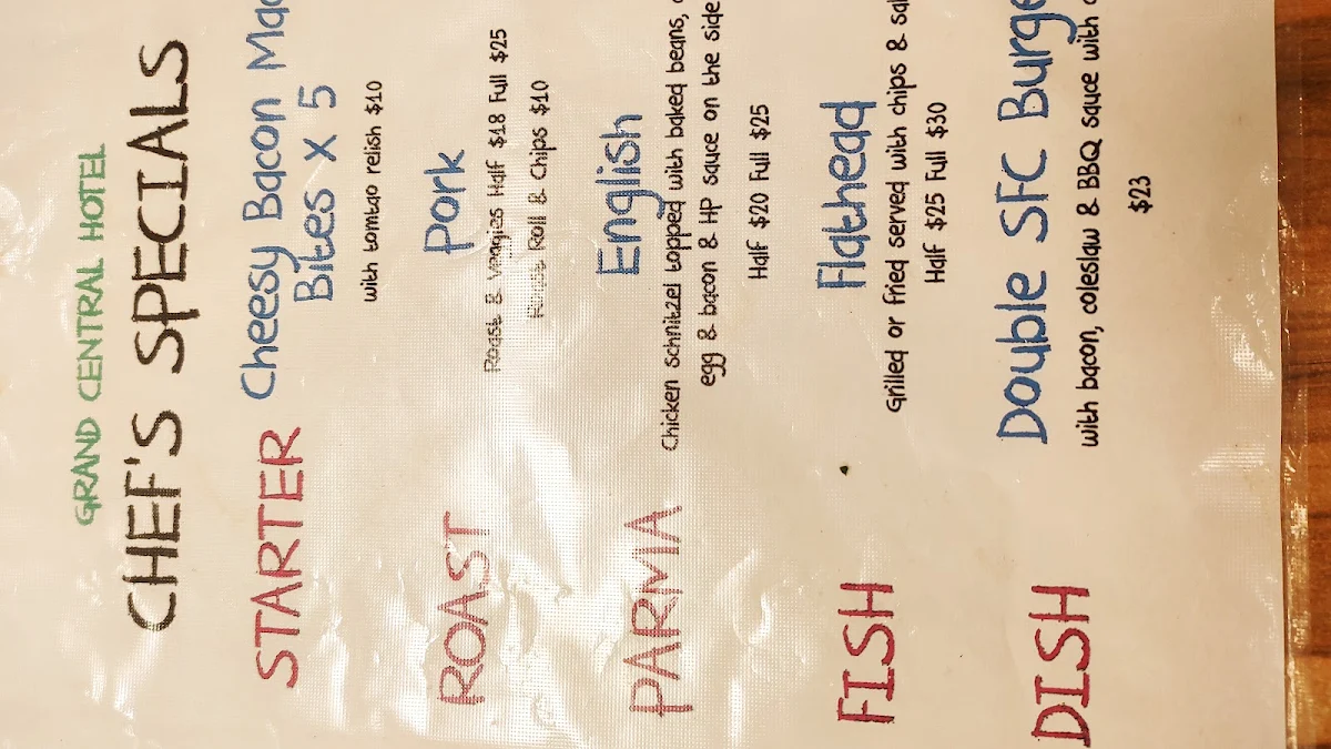 Menu, The Grand Central Hotel Cobram