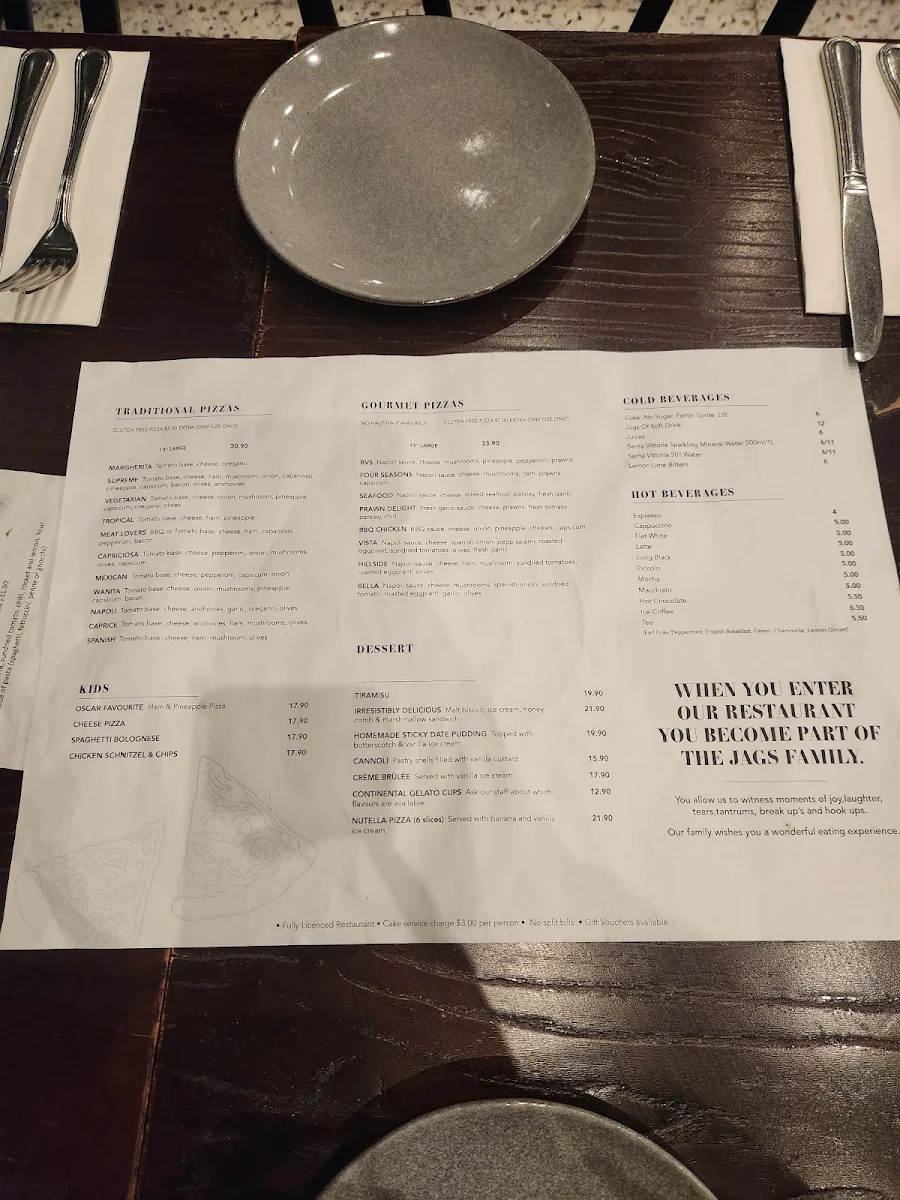 Menu, Jags Restaurant