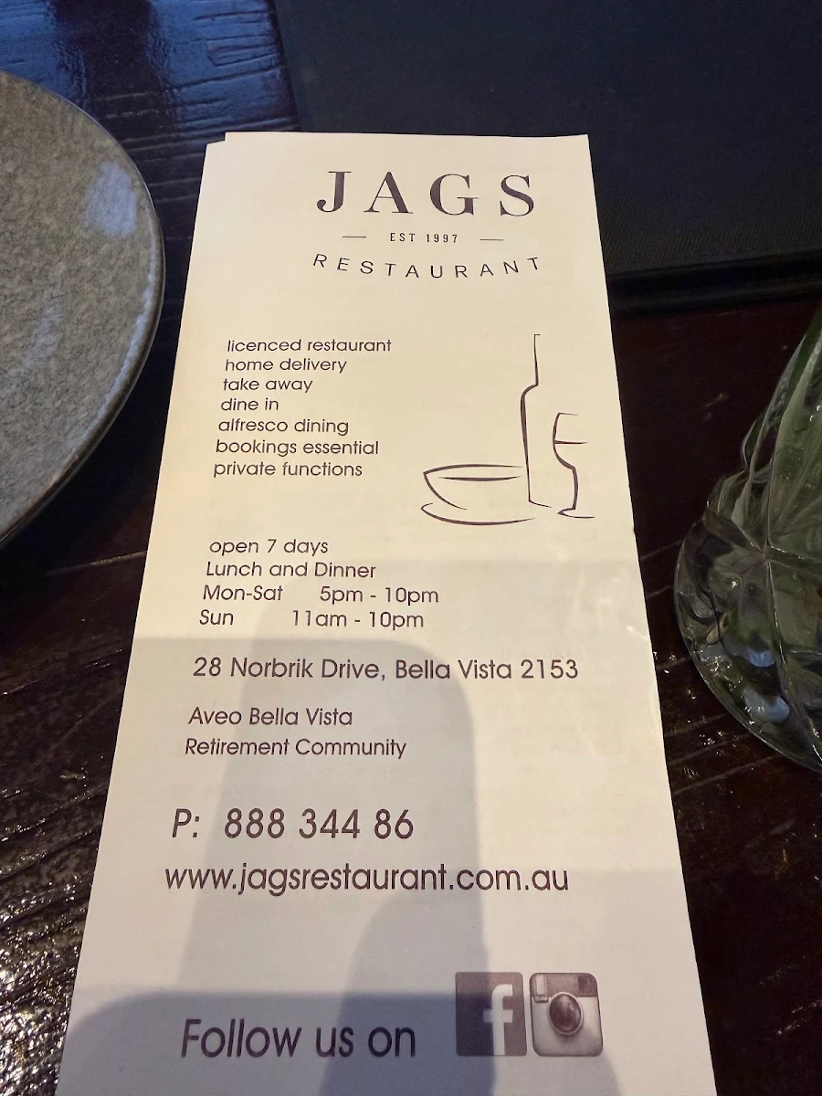 Menu, Jags Restaurant