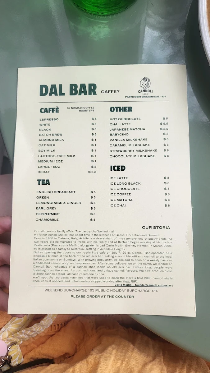 Menu, Cannoli Bar