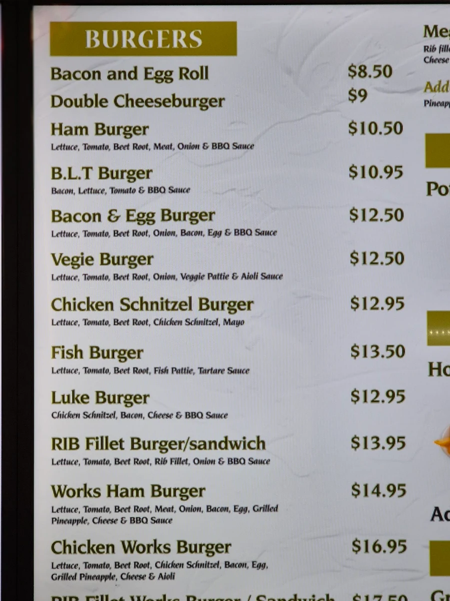 Menu, Howard Country Style Milk Bar