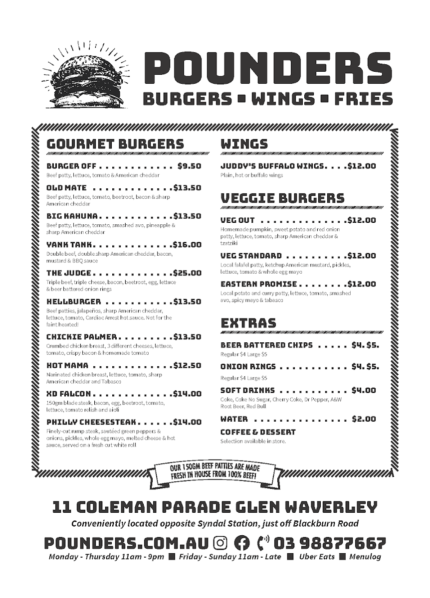 Menu, Pounders Burgers - Glen Waverley