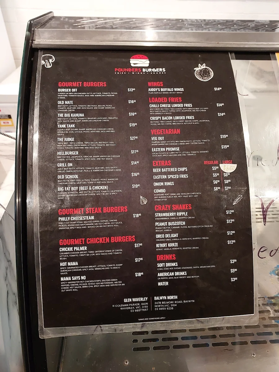 Menu, Pounders Burgers - Glen Waverley