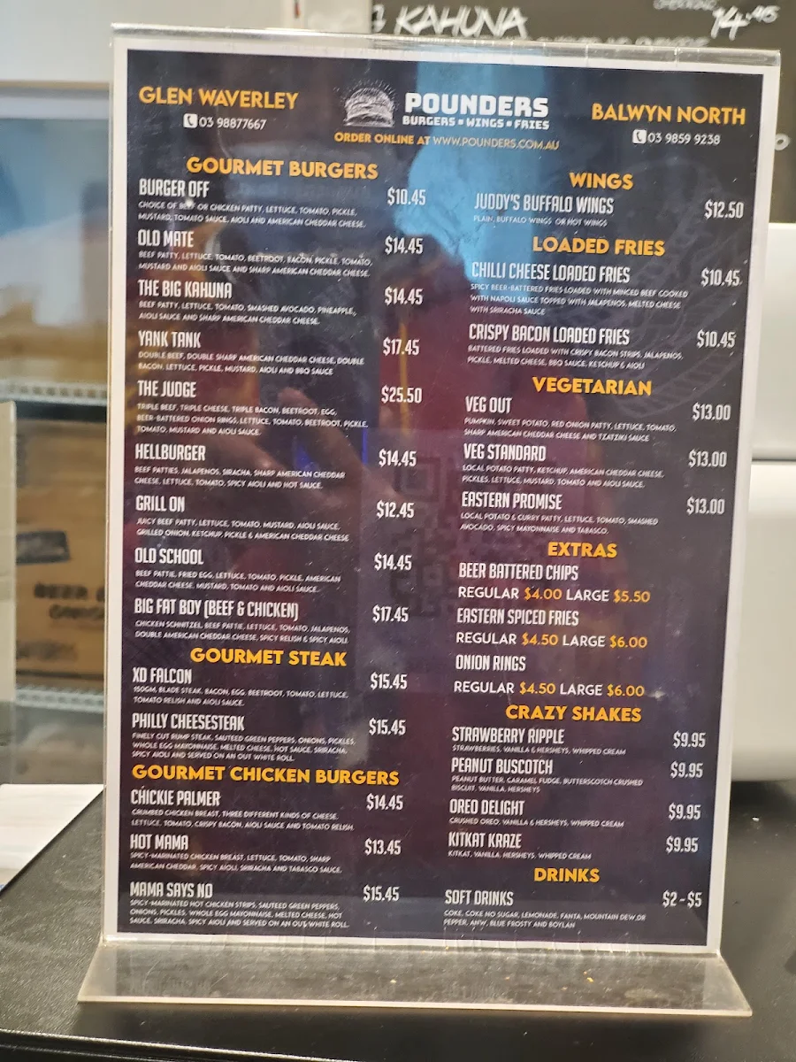 Menu, Pounders Burgers - Glen Waverley