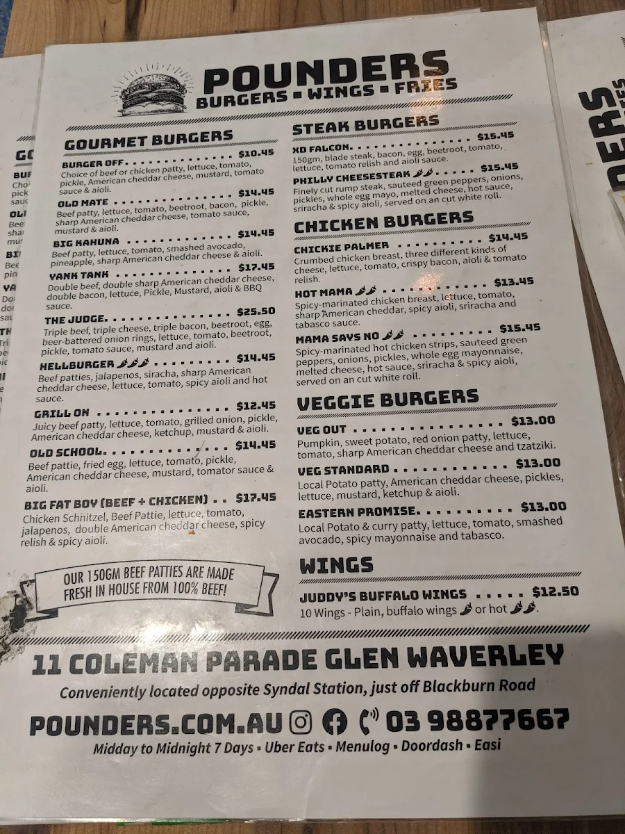 Menu, Pounders Burgers - Glen Waverley